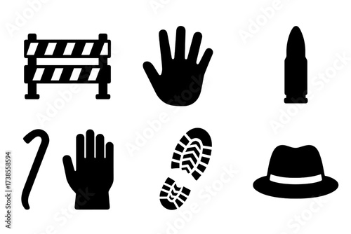 Crime Scene Icons. Solid, filled icon set of crime scene elements: police tape, broken window, handprint, bullet, crowbar, gloves, shoeprint, hat. [Line icons