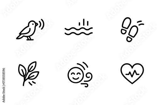 Romantic Walk Sounds Icons. Outline icon set of romantic walk sounds: bird chirping, gentle waves, footsteps, soft music, rustling leaves, distant laughter,