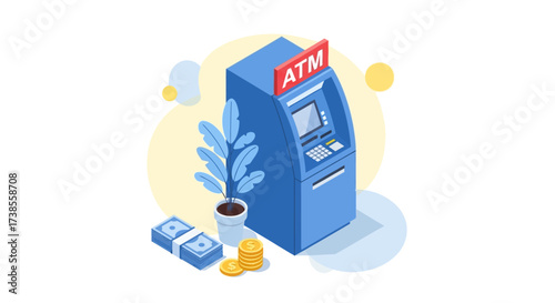Illustration of a blue ATM machine with cash and a plant.