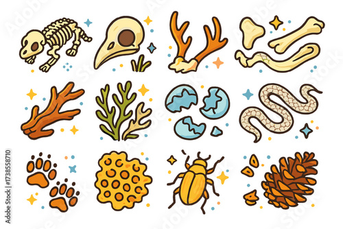 Colorful Natural Icons. Natural remains. Colorful isometric vector icons set of natural remains: animal skeleton, bird skull, deer antlers, whale bones,