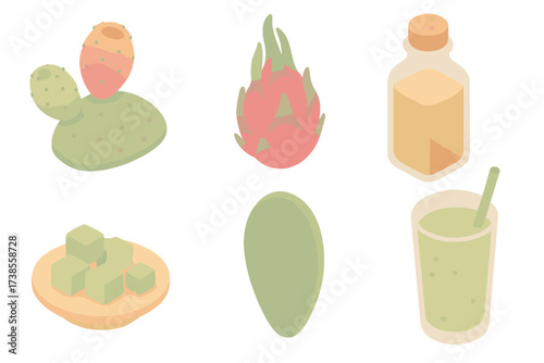 Cactus Delights Icons. Isometric vector illustration set Cactus fruit & food: prickly pear cactus fruit, dragon fruit pitaya