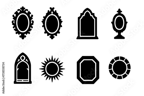 Antique Mirror Icons. Solid, filled icon set of antique and decorative mirrors: baroque mirror, rococo mirror, art deco mirror, Victorian mirror, gothic