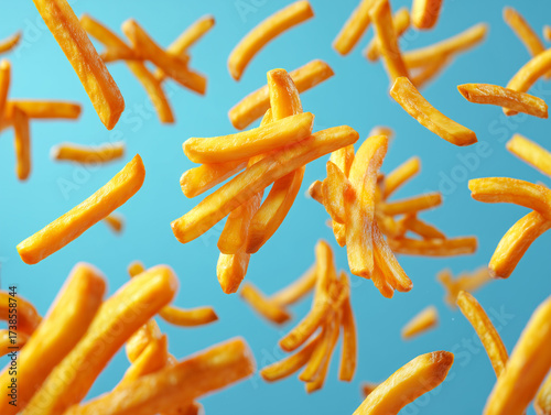 Flying french fries on bright blue background. Fast food concept in motion.