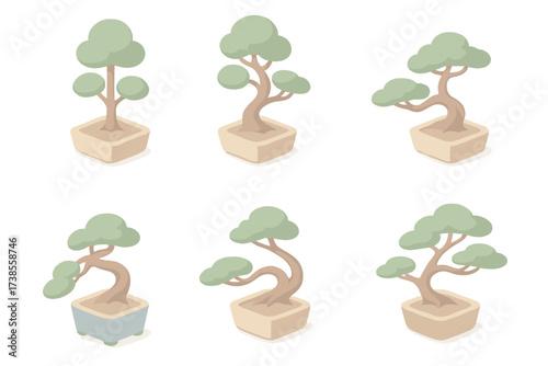 Bonsai Tree Styles. Isometric vector illustration set Bonsai tree styles: formal upright bonsai, informal upright bonsai, slanting