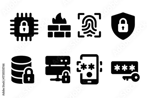 Secret Tech Icons. Solid, filled icon set of secret technology: encryption chip, firewall, biometric scanner, VPN shield, data lock, secure server, two-factor