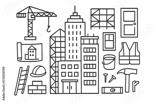Complex Construction Doodles. Hand-drawn doodle illustration complex building skyscraper, blueprint, crane, scaffolding, window, door, brick wall, hard hat,