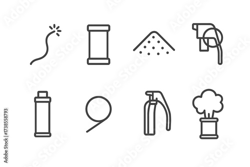 Flare Components Icons. Outline icon set of flare components: ignition fuse, canister, pyrotechnic composition, trigger, casing, safety pin, handle, smoke