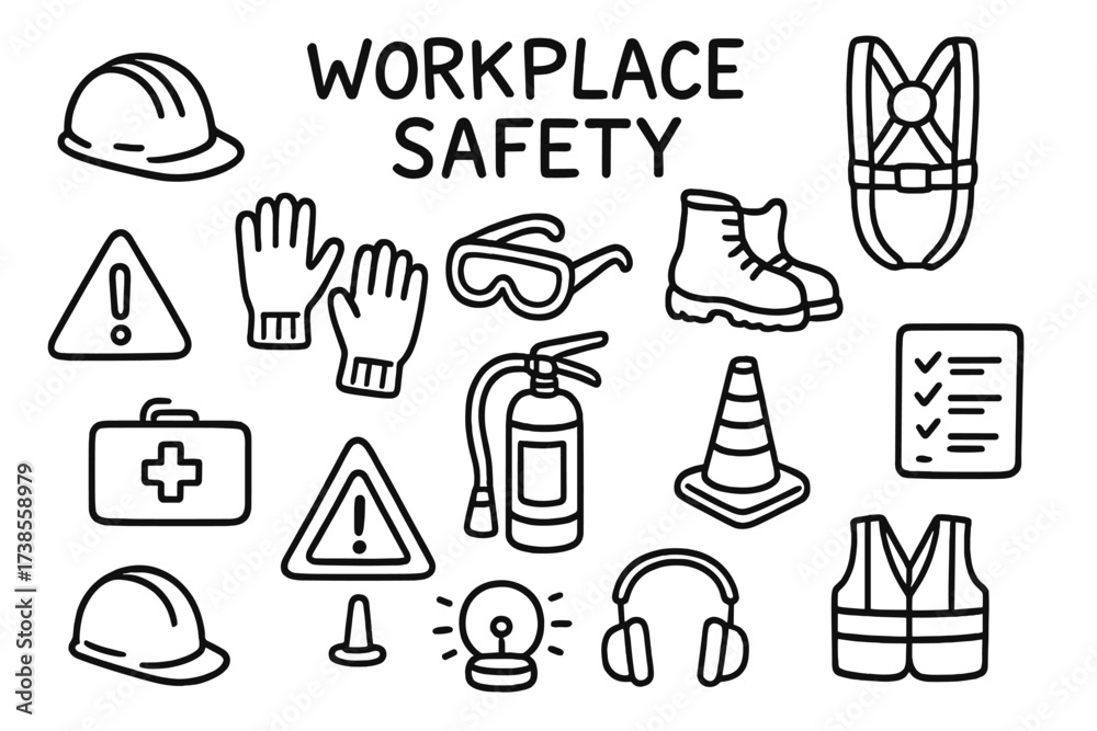 Fototapeta premium Workplace Safety Doodles. Workplace safety. Hand-drawn doodle illustration workplace safety hard hat, gloves, goggles, safety boots, harness, caution sign,
