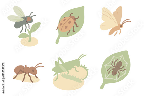 Insect Prey Isometric Icons. Isometric vector illustration set Insect prey examples: fly near plant, beetle on leaf, ant crawling