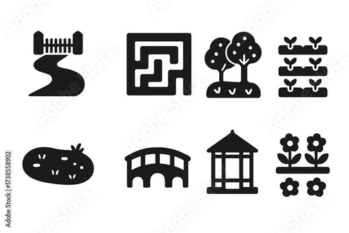Estate Grounds Icons. Solid, filled icon set of estate grounds: driveway, hedge maze, orchard, vegetable garden, pond, bridge, gazebo, flower beds. Solid,