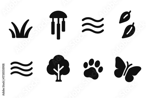 Soft Sound Icons. Solid, filled icon set of soft sounds: rustling grass, wind chimes, flowing water, leaves falling, gentle breeze, whispering trees, small
