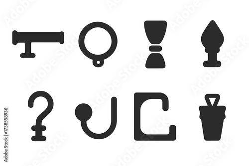 Curtain Accessories Icons. Solid, filled icon set of curtain accessories: curtain rod, curtain ring, tieback, finial, curtain hook, holdback, bracket, curtain