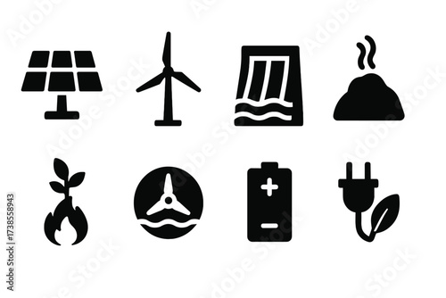 Renewable Energy Icons. Solid, filled icon set of renewable energy sources: solar panel, wind turbine, hydroelectric dam, geothermal, biomass, tidal energy,