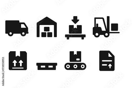 Market Logistics Icons. Solid, filled icon set of market logistics: delivery truck, warehouse, loading dock, forklift, shipping box, pallet, conveyor belt,