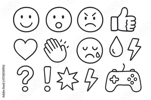 Game Emotions Doodles. Hand-drawn doodle illustration Game streaming emotions and reactions smiley face, surprised face, angry face, thumbs up, heart, clapping