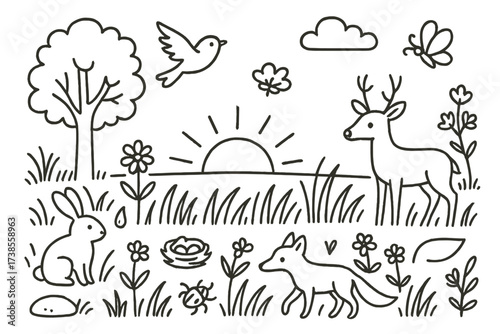 Grassland Dawn Doodles. Hand-drawn doodle illustration Grasslands at dawn sun rising, horizon line, tall grass, wildflowers, tree, bird in flight, butterfly,