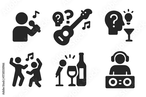 Bar Events Icons. Solid, filled icon set of bar events and activities: karaoke, live music, trivia night, happy hour, dance party, open mic, tasting event, DJ