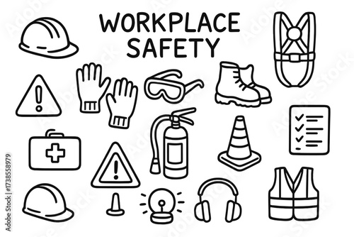 Workplace Safety Doodles. Workplace safety. Hand-drawn doodle illustration workplace safety hard hat, gloves, goggles, safety boots, harness, caution sign,