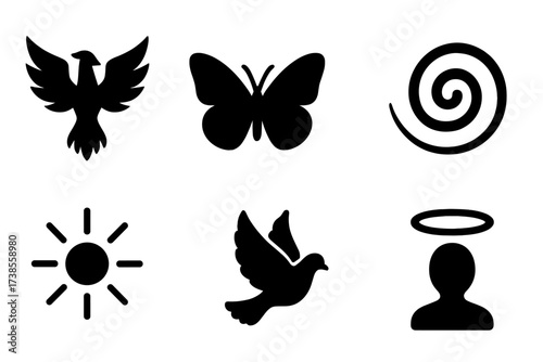 Symbolic Cleansing Icons. Solid, filled icon set of symbolic cleansing: phoenix bird, butterfly, water lily, spiral, light rays, cleansing flame, white dove,