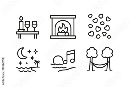 Romantic Icon Set. Outline icon set of romantic settings: candlelight dinner, cozy fireplace, rose petals, starry night, quiet beach, soft music, moonlight