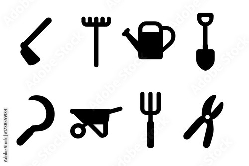 Field Tools Icons. Solid, filled icon set of field tools: hoe, rake, watering can, shovel, sickle, wheelbarrow, pitchfork, pruning shears. [Line icons in only