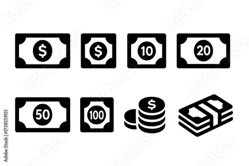 Currency Icons Grid. Solid, filled icon set of banknote denominations: one dollar, five dollar, ten dollar, twenty dollar, fifty dollar, hundred dollar, coin