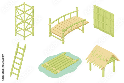 Bamboo Structures Collection. Isometric vector illustration set Bamboo construction: bamboo scaffolding tower, bamboo bridge