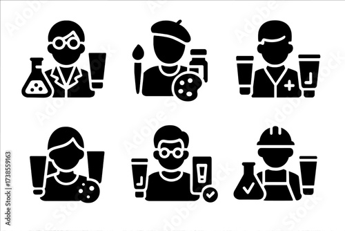 Tube Profession Icons. Solid, filled icon set of tube-related professions: cosmetic chemist, artist, pharmacist, dermatologist, packaging designer, quality