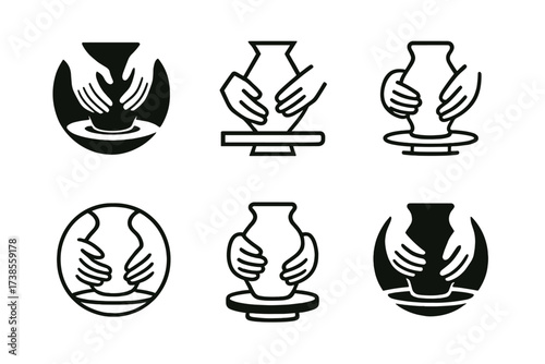Handmade Pottery Logos. handmade pottery. Set Logo of handmade pottery: potter?s wheel. harmonious logo variations of the same emblematic concept, each with
