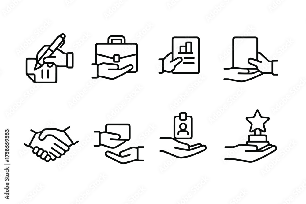 Fototapeta premium Business and Sports Icons. Outline icon set of hand over in business: signing contract, exchanging briefcase, handing over report, passing tablet, shaking