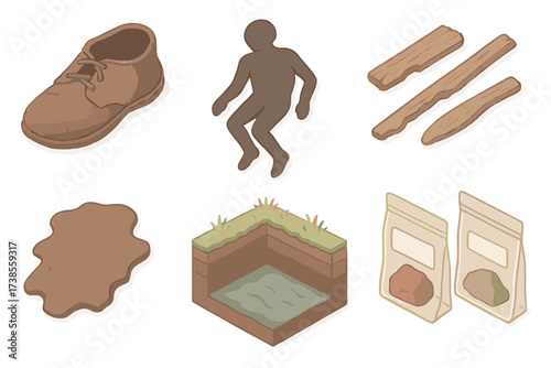 Peat Bog Discoveries. Isometric vector illustration set Archaeology in peat bogs: preserved ancient shoe, bog body silhouette,