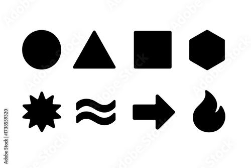 Geometric Icon Set. Solid, filled icon set of agency logo abstract shapes: circle, triangle, square, hexagon, starburst, wave, arrow, flame. [Line icons in