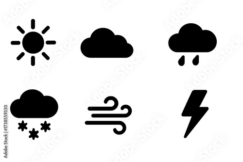 Weather Icons Grid. Solid, filled icon set of weather conditions: sunny, cloudy, rainy, stormy, snowy, windy, foggy, thunder. Solid, filled icons in only black