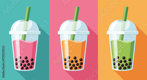 Colorful boba tea drinks with straws.