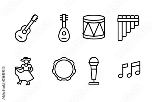 Chilean Music Icon Set. Outline icon set of Chilean music and dance: guitar, charango, bombo drum, zampona flute, folk dancer, tambourine, microphone, music