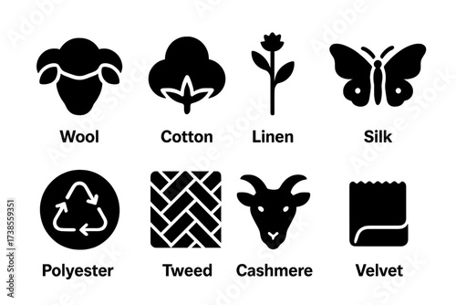Business Suit Fabrics Icons. Solid, filled icon set of business suit fabrics: wool, cotton, linen, silk, polyester, tweed, cashmere, velvet. [Solid, filled