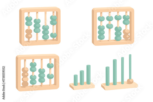 Pastel Abacus Arithmetic. Isometric vector illustration set Arithmetic with abacus: addition bead positions, subtraction