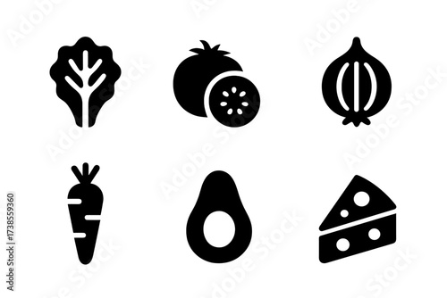 Salad Ingredients Icons. Solid, filled icon set of salad ingredients: lettuce, tomato, cucumber, onion, carrot, avocado, olive, cheese. Line icons in only