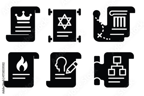 Iconic Scroll Collection. Solid, filled icon set of parchment scroll types: royal edict, religious scroll, explorer?s map, ancient law, philosopher?s notes,