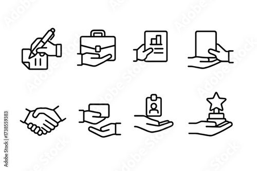 Business and Sports Icons. Outline icon set of hand over in business: signing contract, exchanging briefcase, handing over report, passing tablet, shaking