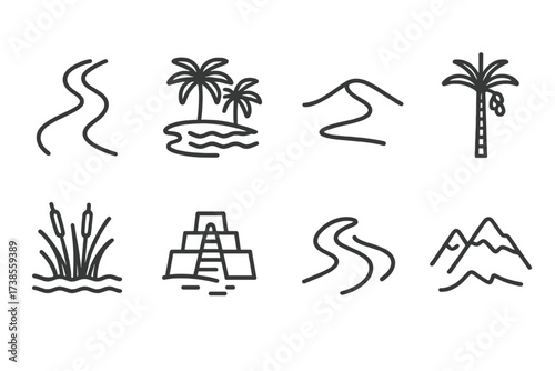 Iraqi Geography Icon Set. Outline icon set of Iraqi geography: Tigris river, palm oasis, desert dune, date palm, Mesopotamian marsh, archaeological site,