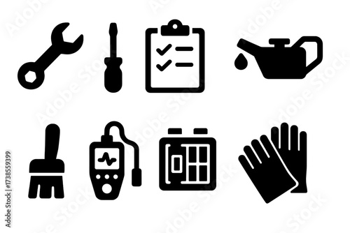 Fuel Cell Icons. Solid, filled icon set of fuel cell maintenance: wrench, screwdriver, inspection checklist, oil can, cleaning brush, diagnostic