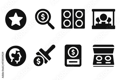 Coin Collection Icons. Solid, filled icon set of coin collection: rare coin, magnifying glass on coin, coin album, coin display case, coin grading, ancient
