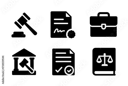 Legal Icons Set. Solid, filled icon set of legal closing: gavel, court document, signature, seal, lawyer briefcase, court adjourned, verdict paper, law book