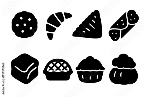 Pastry Variety Icons. Solid, filled icon set of pastry varieties: sweet, savory, laminated, filled, puff, flaky, shortcrust, choux. Line icons in only black