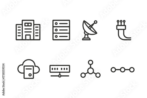 Internet Infrastructure Icons. Outline icon set of internet infrastructure: data center, server rack, satellite dish, fiber optic cable, network switch, cloud