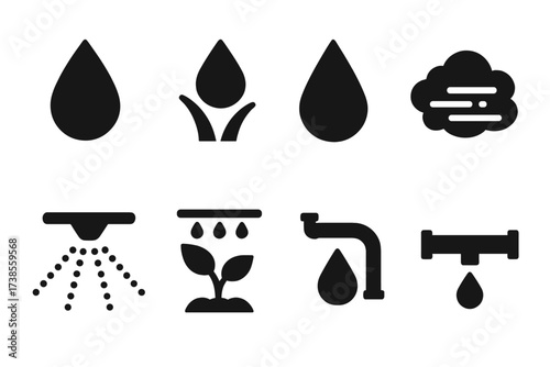 Moisture Source Icons. Solid, filled icon set of moisture sources: raindrop, dew, water droplet, fog, mist, sprinkler, irrigation, water pipe. Solid, filled