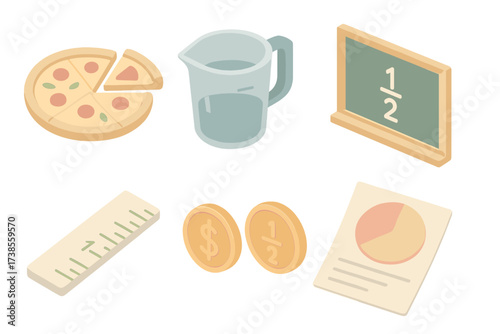 Real-Life Fractions Illustrated. Isometric vector illustration set Real-Life Fractions: pizza sliced into pieces, recipe measuring