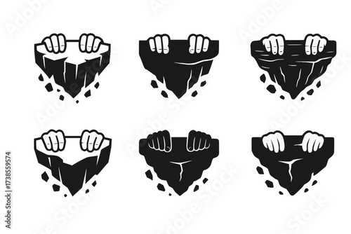 Cliffhanger Logos. Tired hands clutching the edge of a cliff. Set Logo of tired hands clutching the edge of a cliff: crumbling cliff ledge. harmonious logo