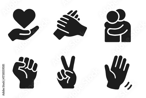Hand Emotions Icons. Solid, filled icon set of hand emotions and feelings: holding heart, comforting hand, prayer hands, supportive hug, raised fist, peace